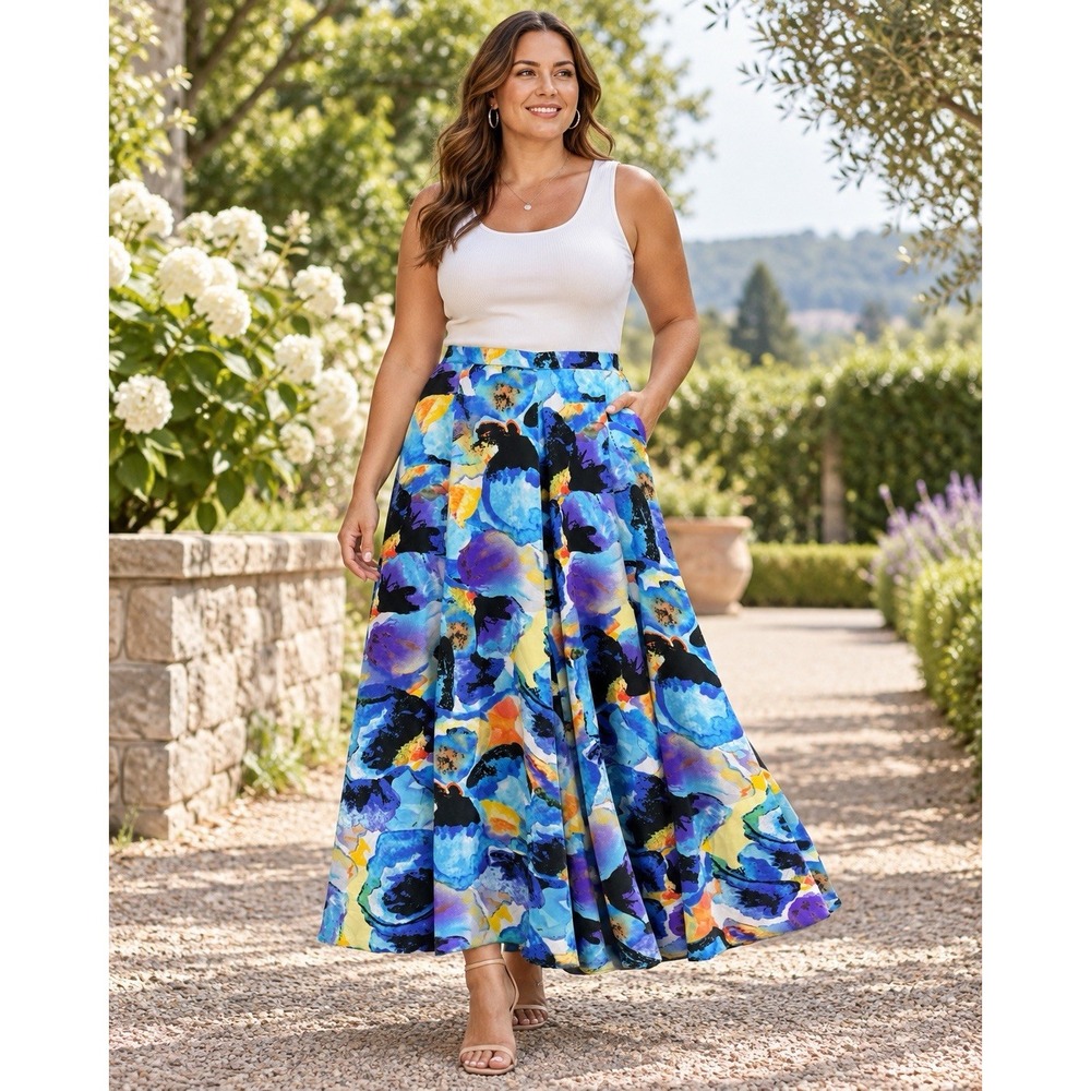 Women's Medium ? Watercolor Floral Maxi Skirt Blue Full A-Line Boho EE43